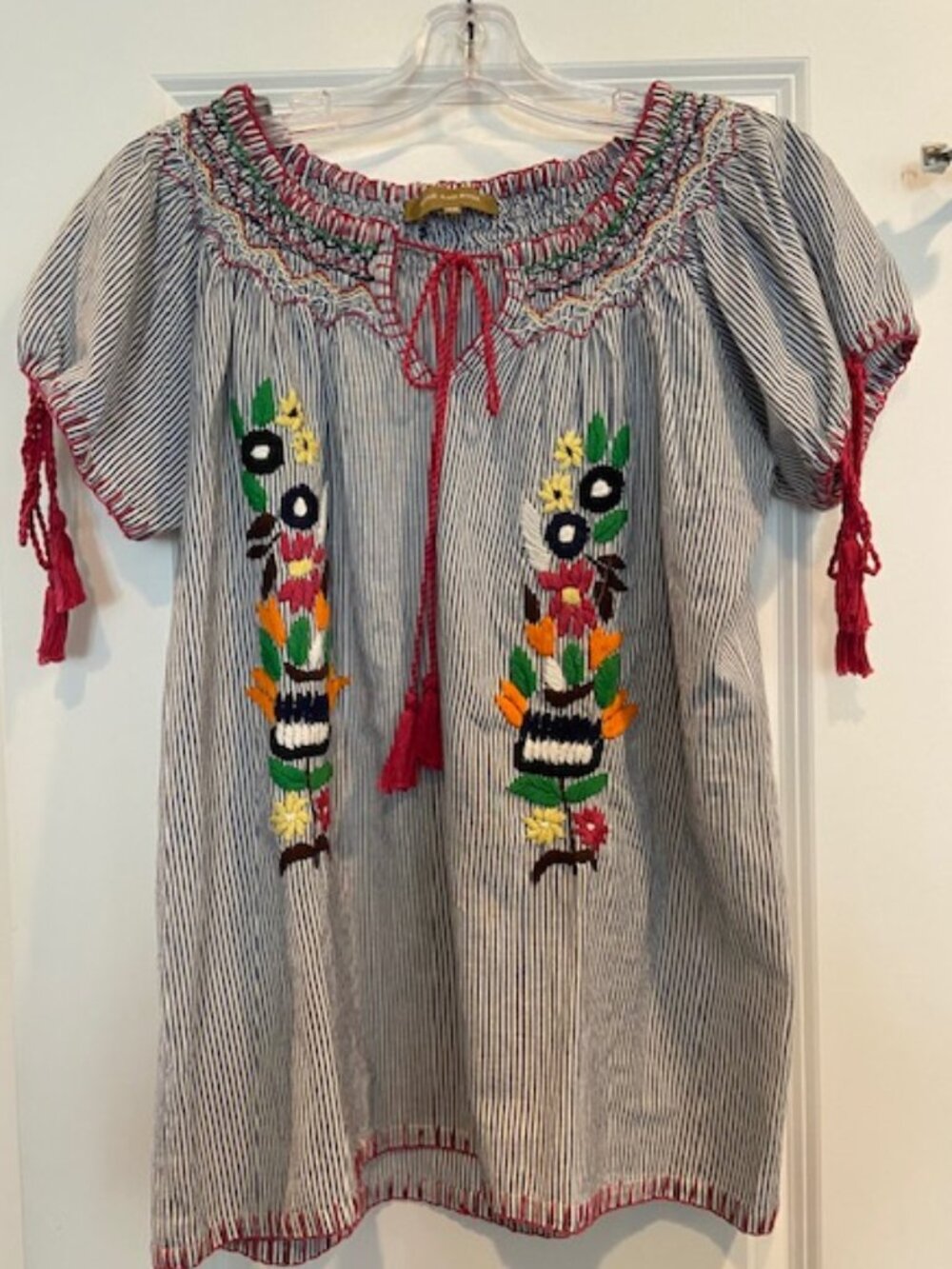Rose and Rose Boho tasseled blue white cotton embroidered blouse S
